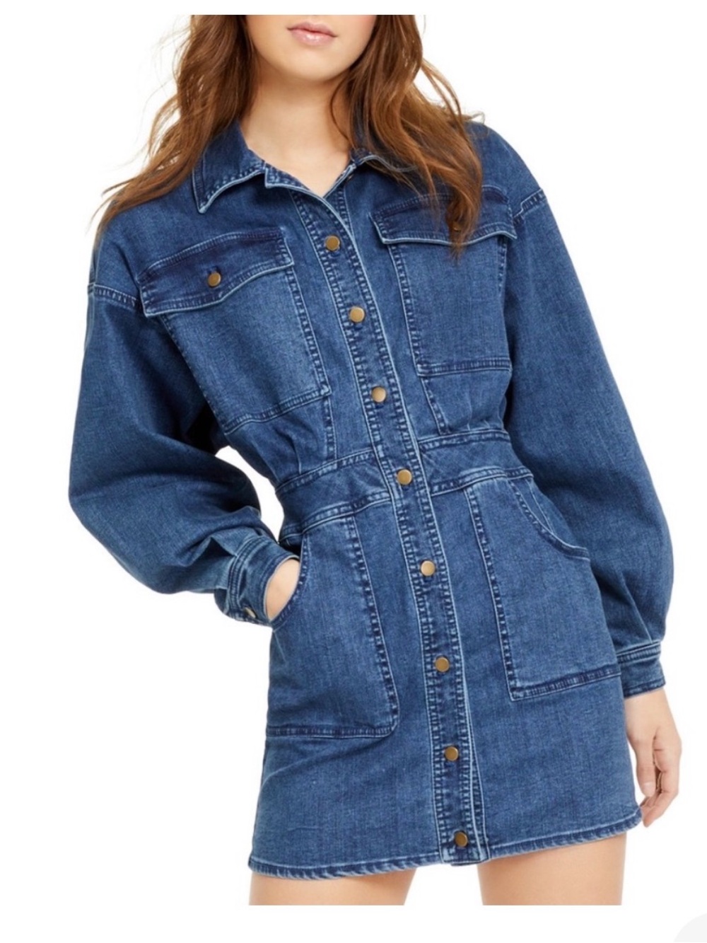 Free People Dark Blue Denim Button-Front Jacket Dress
